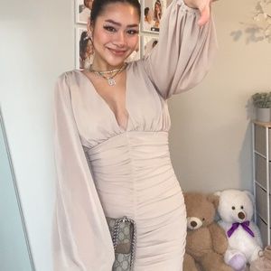 Balloon Sleeve Ruched body con mini dress